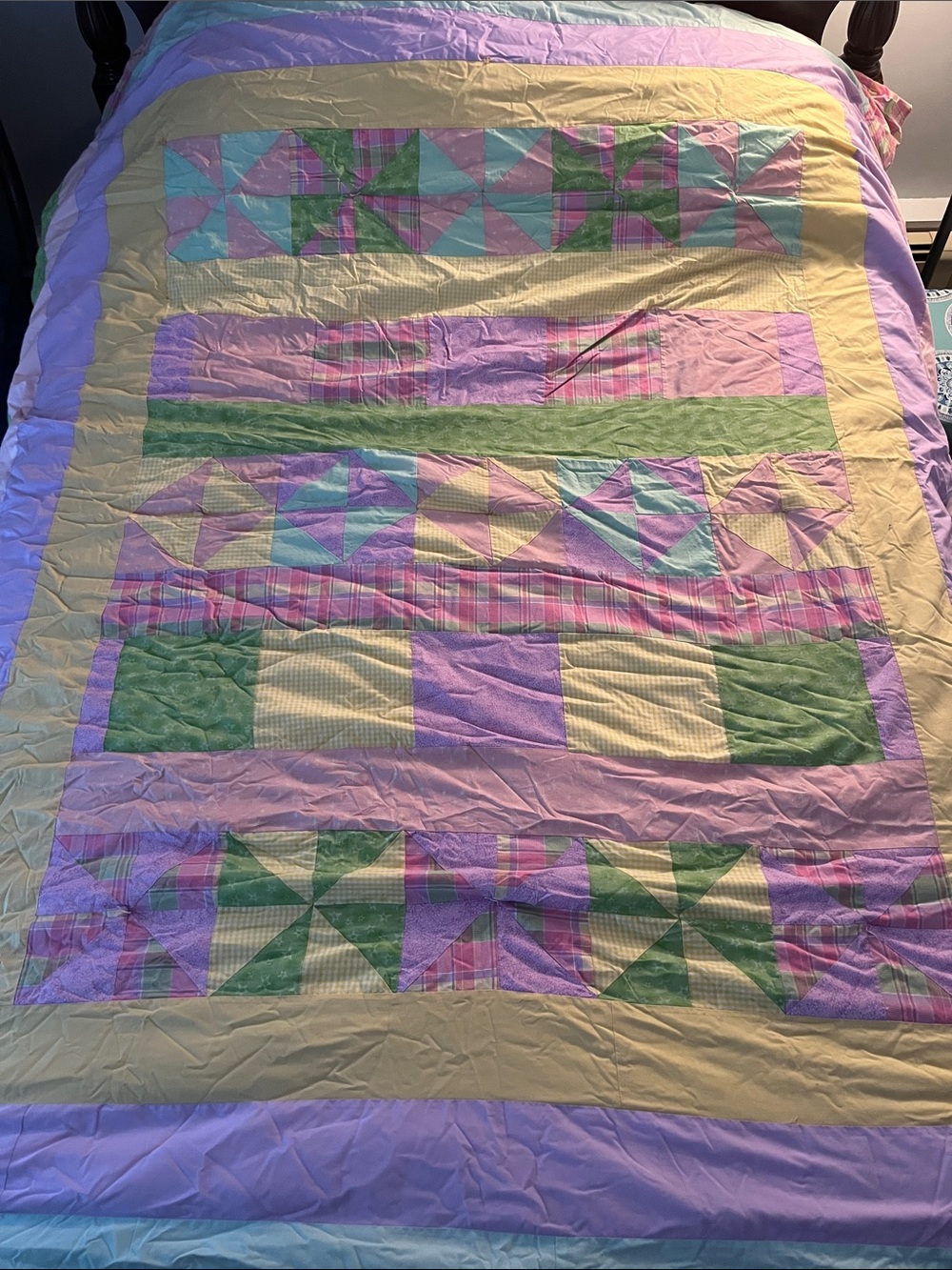 Hand Crafted Pastel Patchwork Quilt in Green, Pink ,Yellow & Lavender